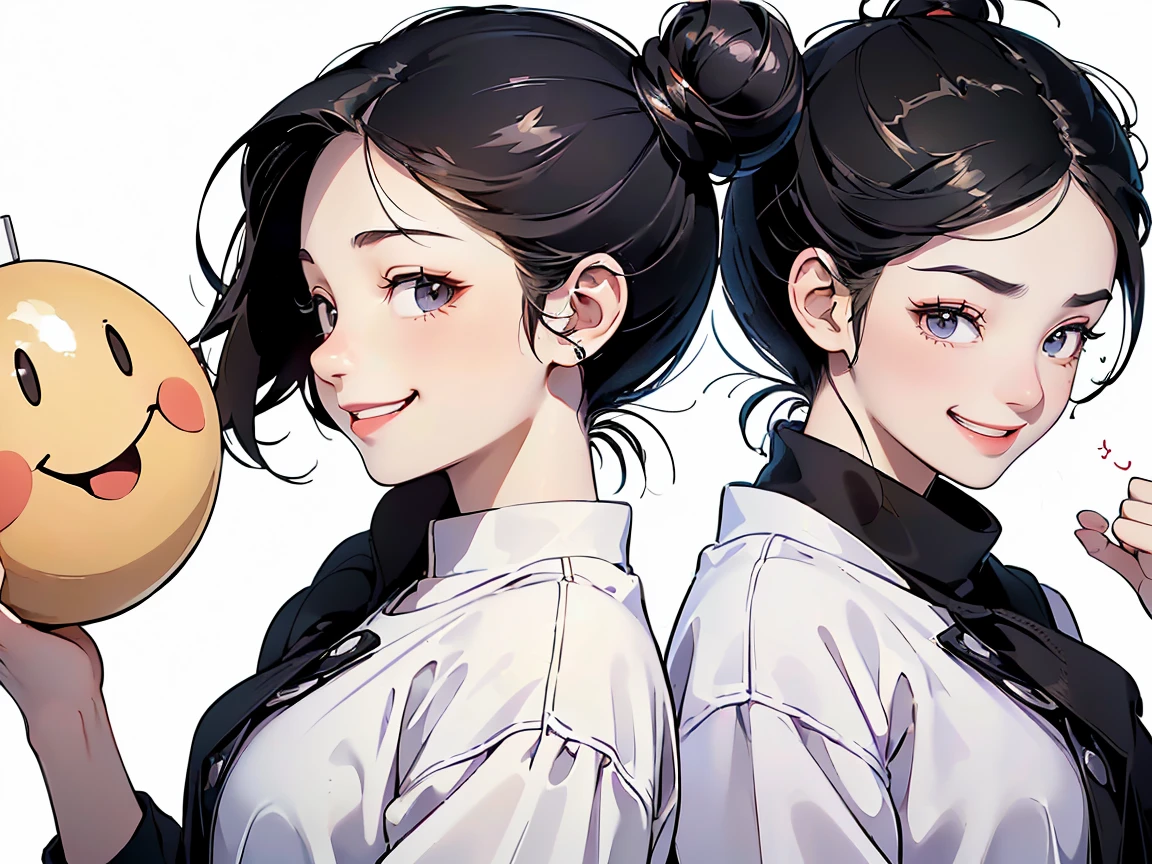 21 years old, Black-haired girl, (((Smiley Face, Flirting face, Excited face, Excited face, Scared face, Confused face))) ((Bun hairstyle)) (((Detailed character list, Front view, side view, Three-quarter view))) (((White background)))