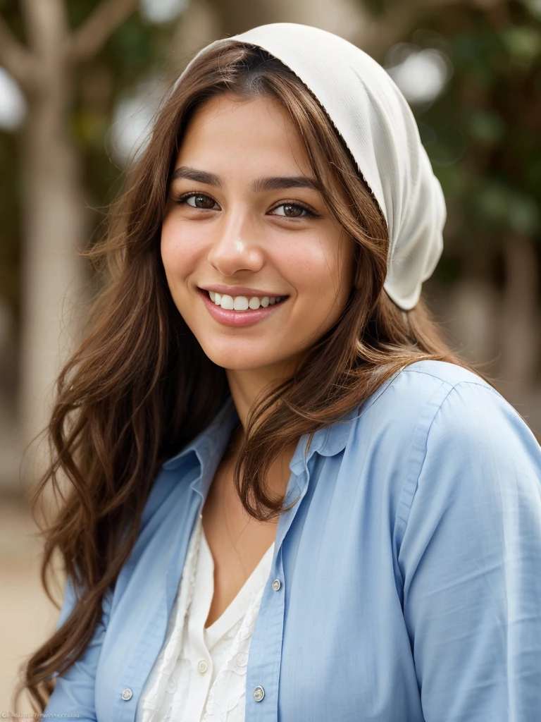 a photo-realistic portrait of a beautiful Palestinian woman with long brown hair, blue shirt, white teeth, and a cute smile, with highly detailed and realistic facial features, modest expression, and realistic white skin tone