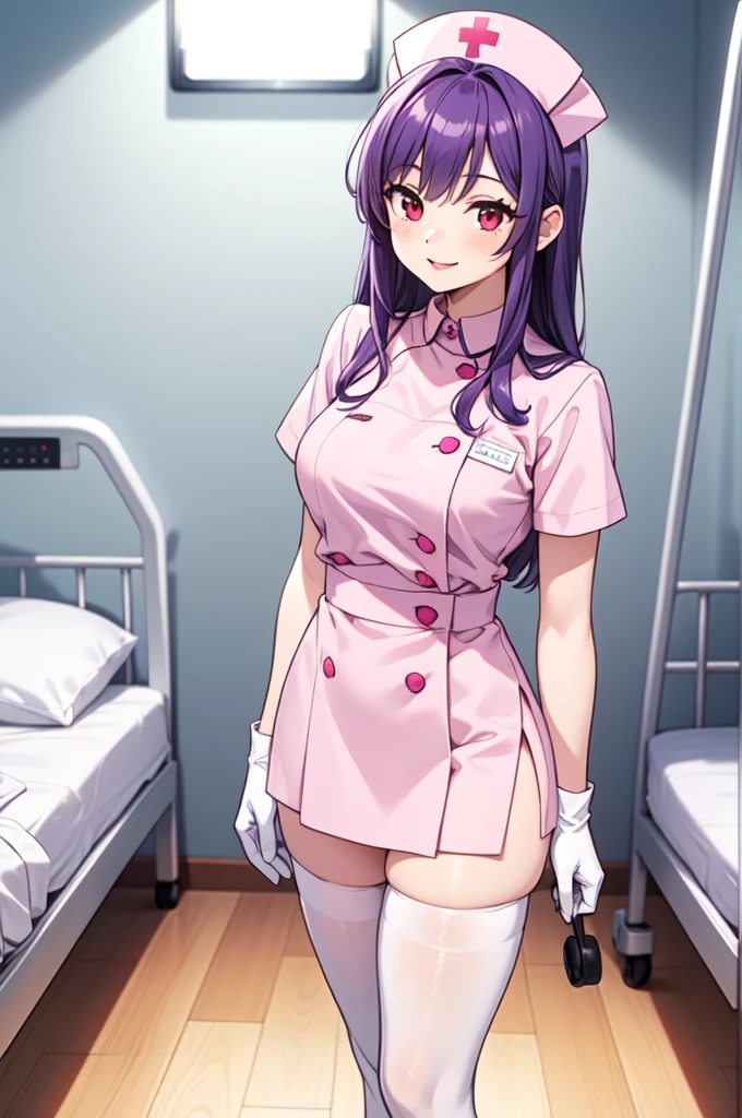 1woman, solo, nurse, white nurse cap, white nurse uniform, ((white legwear, zettai ryouiki)), white gloves, long hair, purple hair, red eyes, pink lips, smile, standing, ((hospital room)), sharp outline, short sleeves, mature female, 35 years old, best quality, masterpiece