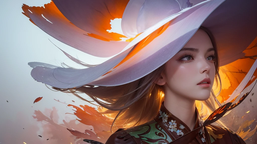 32k, Masterpiece, Highest quality, One girl, Detailed eyes, flower,Alstroemeria, White and orange style,A dreamy, romantic piece,Pale purple, Mysterious Leaves,A playful arrangement,Fantasy,High Contrast,Ink strokes,explosion,Exposure, Impression of white and orange tones,Abstract,((Watercolours by John Berkey and Jeremy Mann )) Brush strokes,Negative Space, Tyndall effect,
