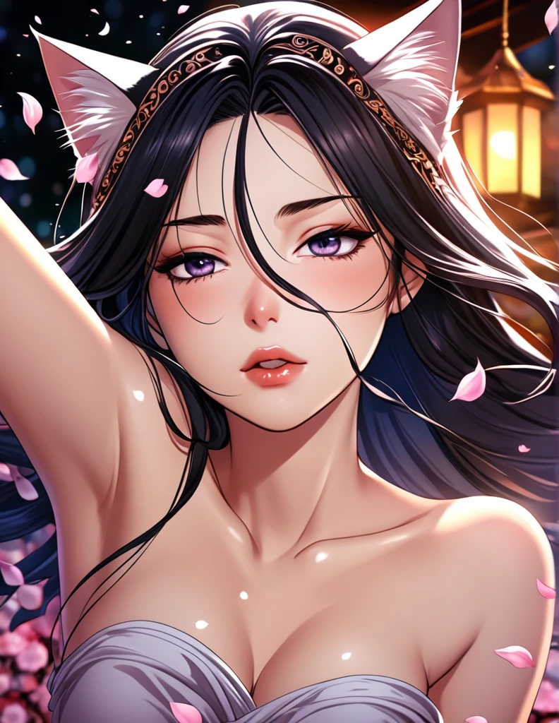 (Harem Manga style:1.2) , Hallucination, daydream , nightmare , Insane Dream , bokeh , erotica , romance ,  girl and realistic cat , Petals fluttering down , (Single eyelids, round nose, swollen cheeks) , glossy lips , Collarbone , Hair blowing in the wind , Goddess of lust , (hide private parts by cats) , (close up cat:1.1)
