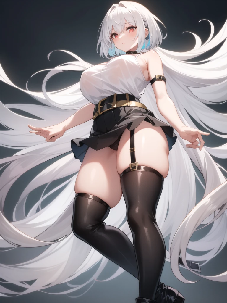 Beautiful, (masterpiece), (top quality), perfect eyes, perfect face, perfect light, one woman, multicolored hair, (white hair with light red tips), big round eyes, light red eyes, (slim), bright white skin, narrow shoulders, large chest, large hips, big full thighs, slender beautiful legs, short bob hair with see-through bangs, wearing a black collar, white t-shirt, black shoulder strap, gray leather belt with a gold buckle, short black skirt, long black stockings, shiny black high-heeled boots, adorned with a four-pointed gold star hairpin, plain background.