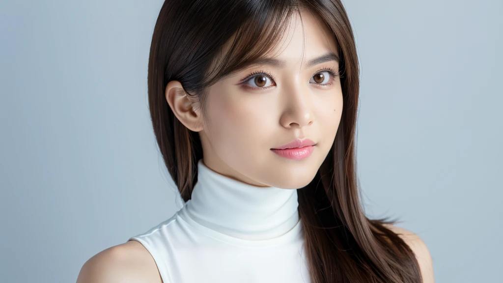 (detailed face),VIVID,normal breasts,pretty,sleeveless and turtle neck white silky clothes,4k ,super high resolution ,(photo-realistic: 1.7),white background,long hair,