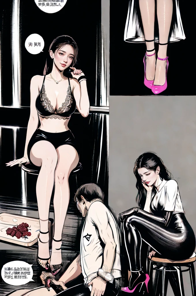 The beautiful girl in lace top and leggings is sitting astride a pile of skeletons in the center of the picture. She is holding a trembling sausage with juice squeezed out in her hand and smiling. There are multiple comic storyboards in the background，cbt, sausage ,sausage insertion,, trampling sausage with high heels heel,(masterpiece, best quality:1.2)，1 beautiful girl,，comic storyboard:2, leggings, sit astride, axially symmetrical:2, ,，sounding，cbt，hold，smile，colorful，leggings，thin gap，，insertion，trembling，juice，spray， Long hair,Lace top,, Shiny leggings, High heel，cleveage, trampling, in forest, saliva , Mucus，