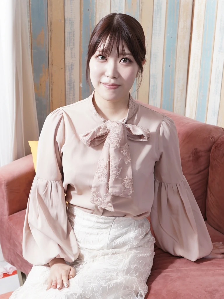 there is a woman sitting on a couch wearing a pink blouse and a white skirt, Yoshitomo Nara, Chiho, sakimichan, Chiho ashima, narumi kakinouchi, shikamimi, ayaka, deayami kojima, reluvy5213, takada akemi