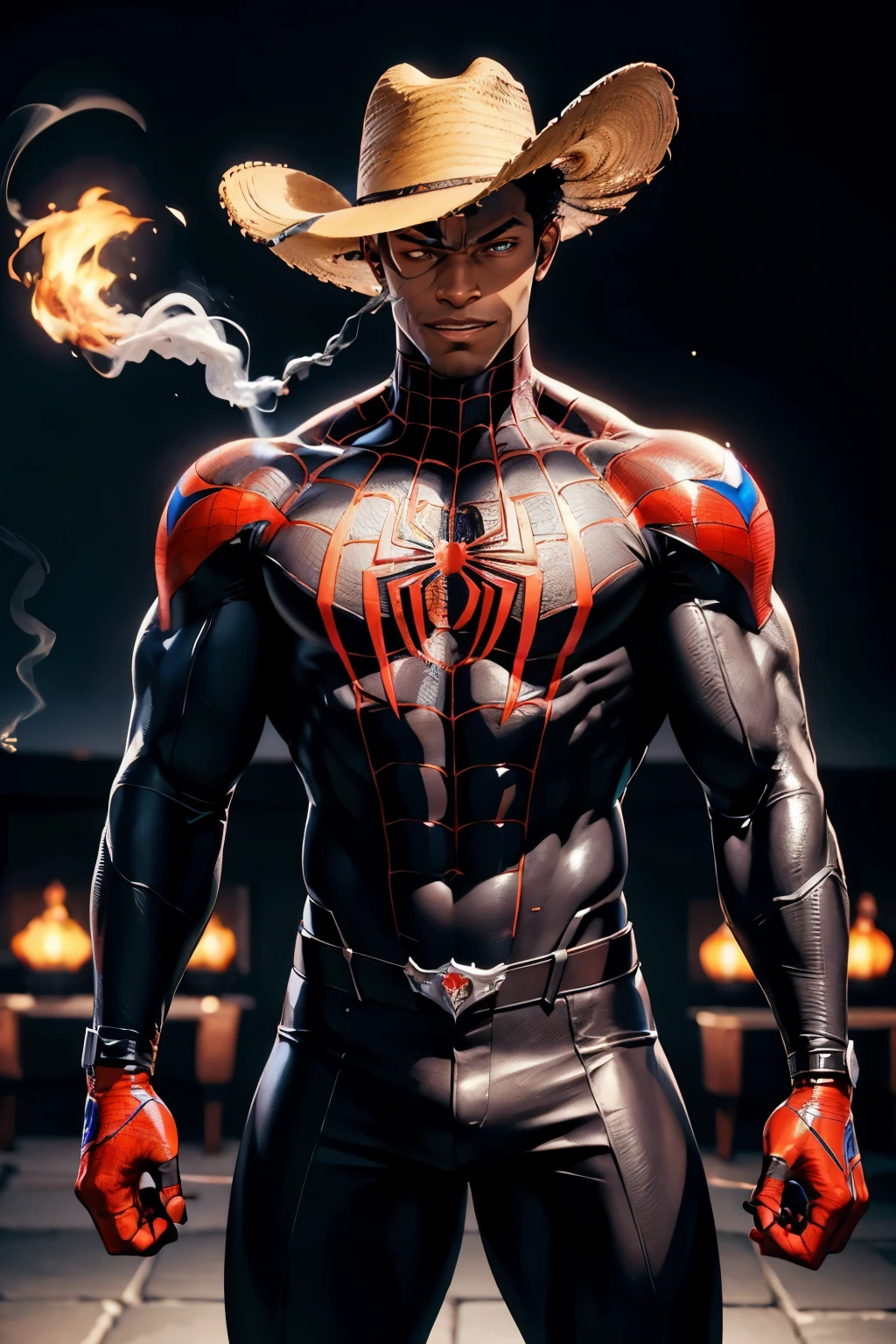 (best qualityer, work of art:1.2), 8k detailed CGI rendering, thick outlines, strong shadows, sfw, Retrato em close, 1 men, young black man 20 years old, muscular, evil spider man miles morales wearing a big cowboy hat, Grinning, (smoke cigar:1.05), (holding lighter:1.1), gaucho pampas in the background, sol dos pampas, side lighting, blossom, particle effects, without mask