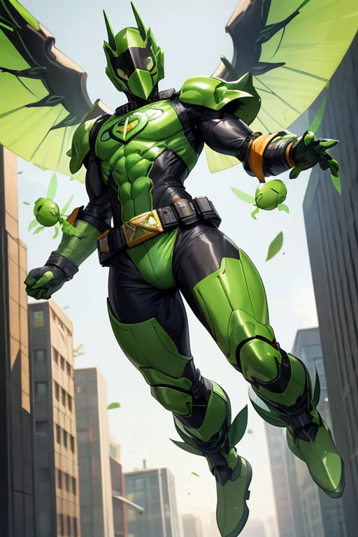 ((best quality)), ((masterpiece)), (detailed), 1 male, full body, 25 years old, masked, lemon green mask covering his entire head, smooth head, mask covering his mouth, 1 small crest on his head, oxygen mask, angry expression, black collar, tall and strong, very athletic, green fly wings, grey details, green fingerless gloves, green wrist guards, lemon green nanotech suit resembling light armor, lemon green chest with an emblem, orange fly emblem on his chest, fly, green pants, green knee pads, metallic green boots, orange superhero belt, flying around a building, city background, anime