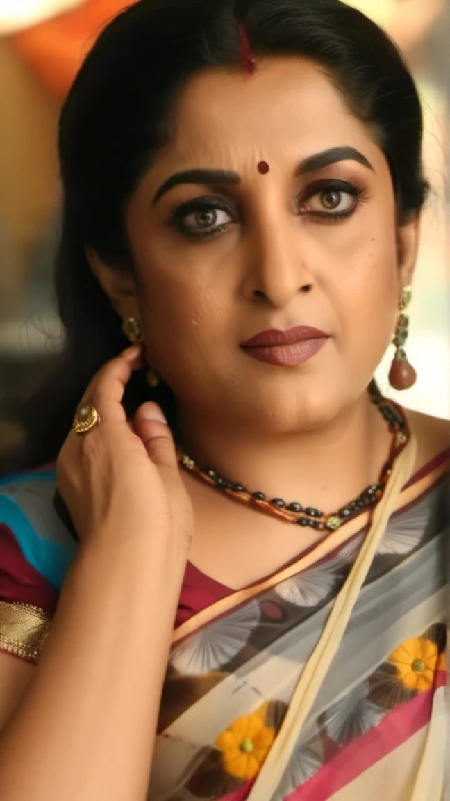 Kerala actress sona nair,wearing saree, showing cleavages,Classic portrait ultra detailed, soft light, natural light, cinematic light, (depth of field), ideal female form, (((masterpiece, good quality, intricate details, high quality, best quality, 8k, in focus, sharp focus)))intri , design, 4k, cinematic lighting