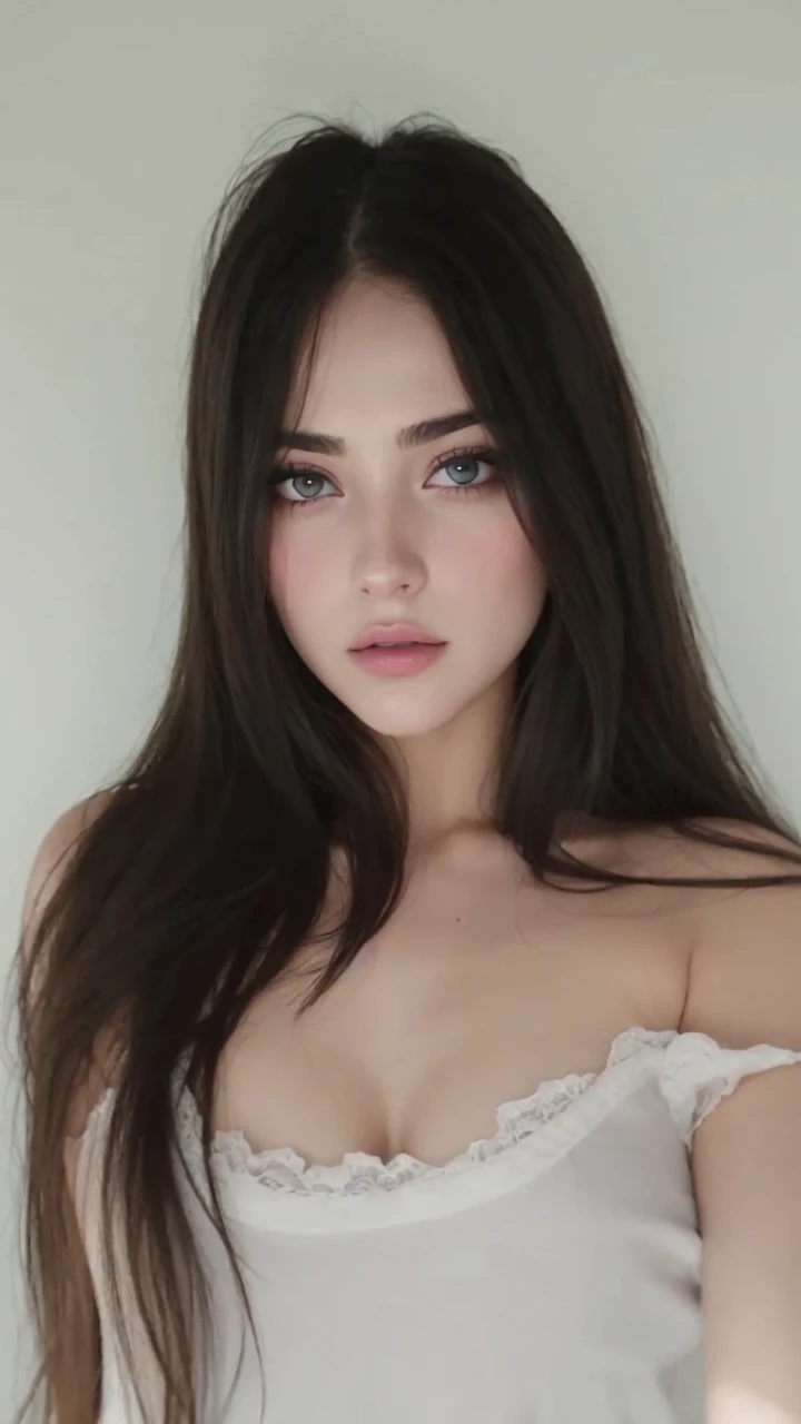 Arafed woman with a messy bun in a white tank top, Perfect face ), flawless face, 18 years old, sexy face with full makeup, Extremely beautiful face, sexy face, perfectly illuminated face, 🤤 picture of , Perfect face, Beautiful aesthetic face, Violet Myers, Perfect face and eyes, thick lips, straight eyebrows, Portrait of Sophie Mudd