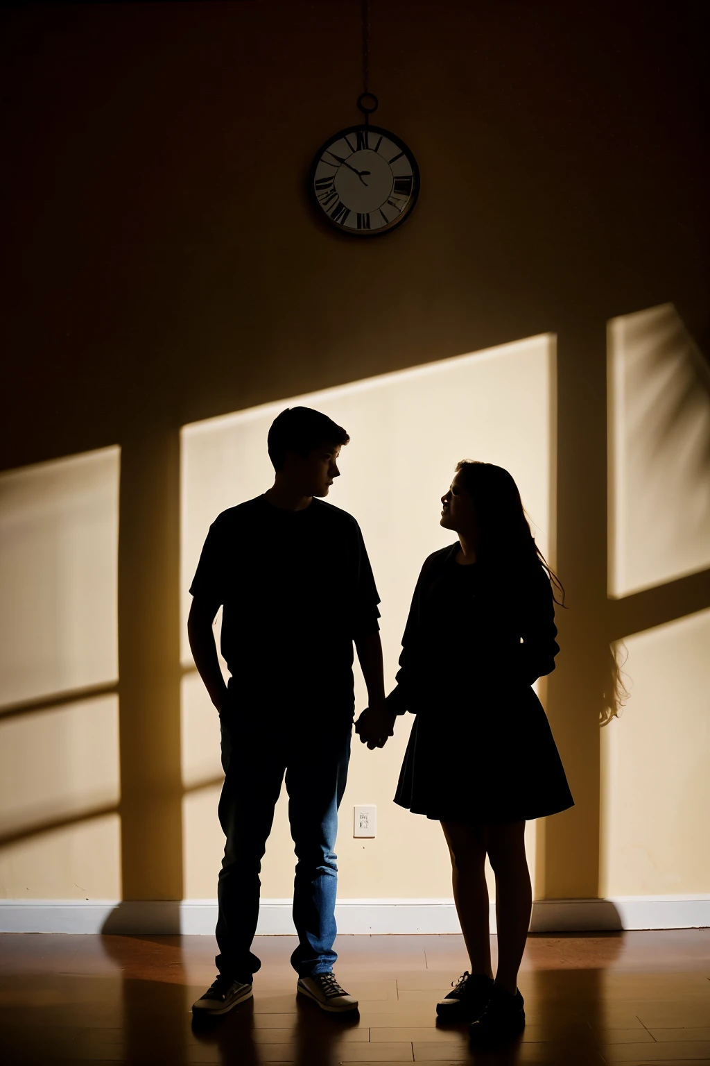 Two young lovers of 15 years old, let their shadows be seen, they cannot touch each other and there is a clock that is already late.
