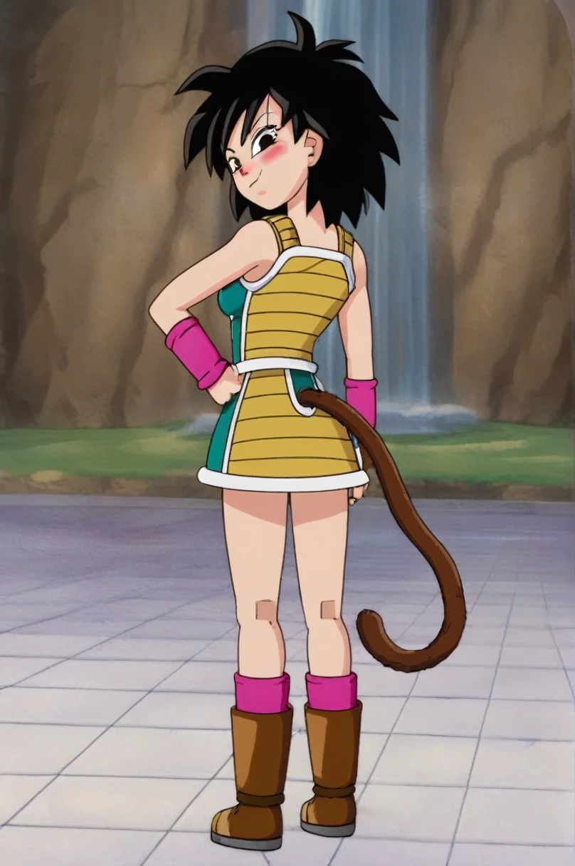 fountain_cheered up, score_9,score_8_above, score_7_above, gineDb, cheered up screencap,
1 girl, Alone, looking at the viewer, blush, urban landscape, black fur, Brown eyes, looking back, from behind, black eyes, hand on hip, frown, pink bracelet, green skirt, monkey's tail, saiyajin armadura, hand on the shoulder, medium hair, green saiyajin armadura, eyelashes, Eyebrows, Butt crack, bare shoulders, spiky hair, nails