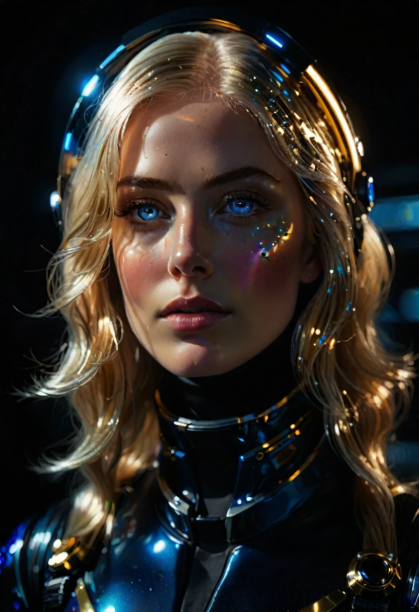 maximally realistic and detailed prompt with hyperbolization and unprocessed photographic quality,woman with shimmering golden-platinum hair,deep blue eyes,black spacesuit,masterpiece,ultra-detailed,photorealistic,highly detailed face and eyes,long eyelashes,glowing skin,flowing hair,intricate spacesuit textures,dramatic lighting,cinematic composition,sci-fi atmosphere,vibrant colors,glossy surfaces,dramatic shadows,depth of field