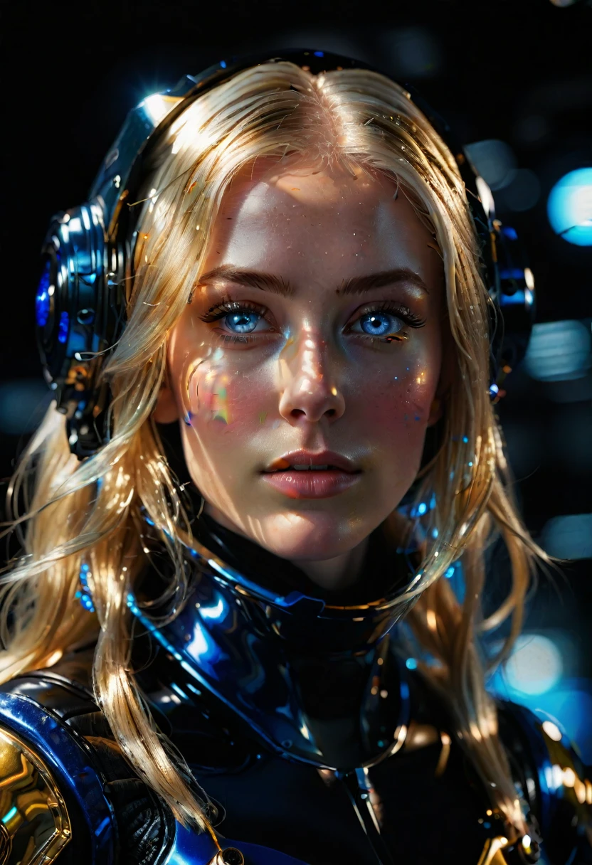 maximally realistic and detailed prompt with hyperbolization and unprocessed photographic quality,woman with shimmering golden-platinum hair,deep blue eyes,black spacesuit,masterpiece,ultra-detailed,photorealistic,highly detailed face and eyes,long eyelashes,glowing skin,flowing hair,intricate spacesuit textures,dramatic lighting,cinematic composition,sci-fi atmosphere,vibrant colors,glossy surfaces,dramatic shadows,depth of field