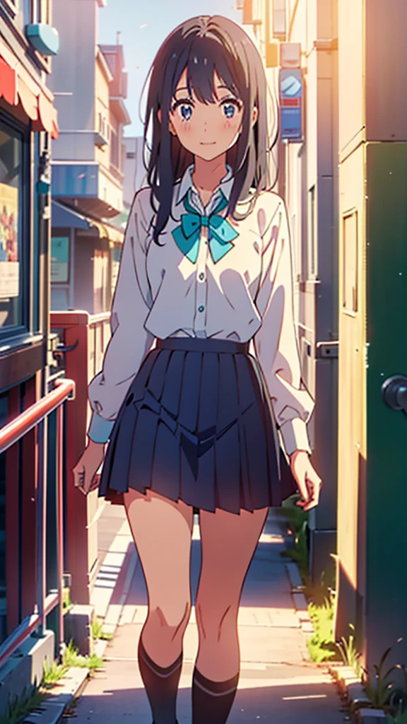 anime 14 years-old small girl in a blue suit and tie with a simple smile, typical nerd, anime moe artstyle, mihoyo art style, chiho, from cryptid academia, Love Lab, stylized anime, young anime girl, anime style character, anime stylized, yuruyuri, a girl with fair skin long black hair and grayish-green eyes, she wears a star-shaped pendant, the same color as her eyes, aqua-green sailor with blue bow tie, ((small-breasts:0.55)), anime, (masterpiece, best quality:1,2), cinematic lighting, drawn Art, clip studio paint, anime wallpaper, deep color, cel-shaded, ((walking in the city))