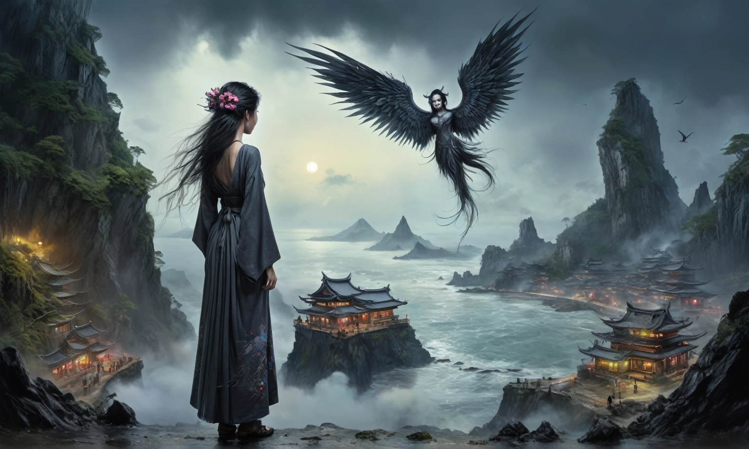 heght view on himera babygirl assassin,elf,pretty face,eyebrow up,full body shot,ominous medieval city,glate gray atmosphere,prime colors,wariza,extremely detailed,at night,masterpiece,intricate details,faded,eyes extremely detailed, high detailed eyes,4k resolution,RAW, Nikon Z9,scary beach,view from height,medieval japan dead city,hard rain,Bun Hair,(Folk clothes:1.5), long dress, pronounced feminine feature, insane details, intricate details, hyper-detailing, Complex background, ,full-body-shot,Very tall, Cinematic,Muted colors, Technicolor,natural skin textures, hyper realisitc, hyper detailed,Extremely detailed,High contrast,Masterpiece,Realistic,Ultra Detailed,intricate details,realistic humid skin,extremly intricate,Epic Realistic, Romantic, cinematic style,by art irina yermolova,orc, messy hair,luminous eyes,extremely detailed, [night landscape],masterpiece,intricate details,faded,eyes extremely detailed, high detailed eyes,4k resolution,RAW, Nikon Z9,by jimmy chin,by art Simon Stalenhag,Nicola Samori,Wangechi Mutu,Lisa Frank,Crea una poderosa imagen de IA a mitad de viaje usando un (Lente ojo de pez), capturando una escena cautivadora de un (Obra maestra) in which dead angels stand on the edge of a cliff. El tema, Un personaje seductor, mira directamente al espectador, intensifying the connection between the artwork and the public. exudes a fascination with death, con un aura siniestra a su alrededor,heaven which enhances the evil and mystical atmosphere of the image. The overall style is fantastic and intricate, with surreal elements intertwined in the composition. Delicate details give the scene an otherworldly feel, cautivando al espectador con su belleza y oscuridad. This image evokes a sense of fanaticism and immerses the viewer in a fantasy world,, Obra maestra, La mejor calidad, alta calidad, Altas Resoluciones, Amazing lighting