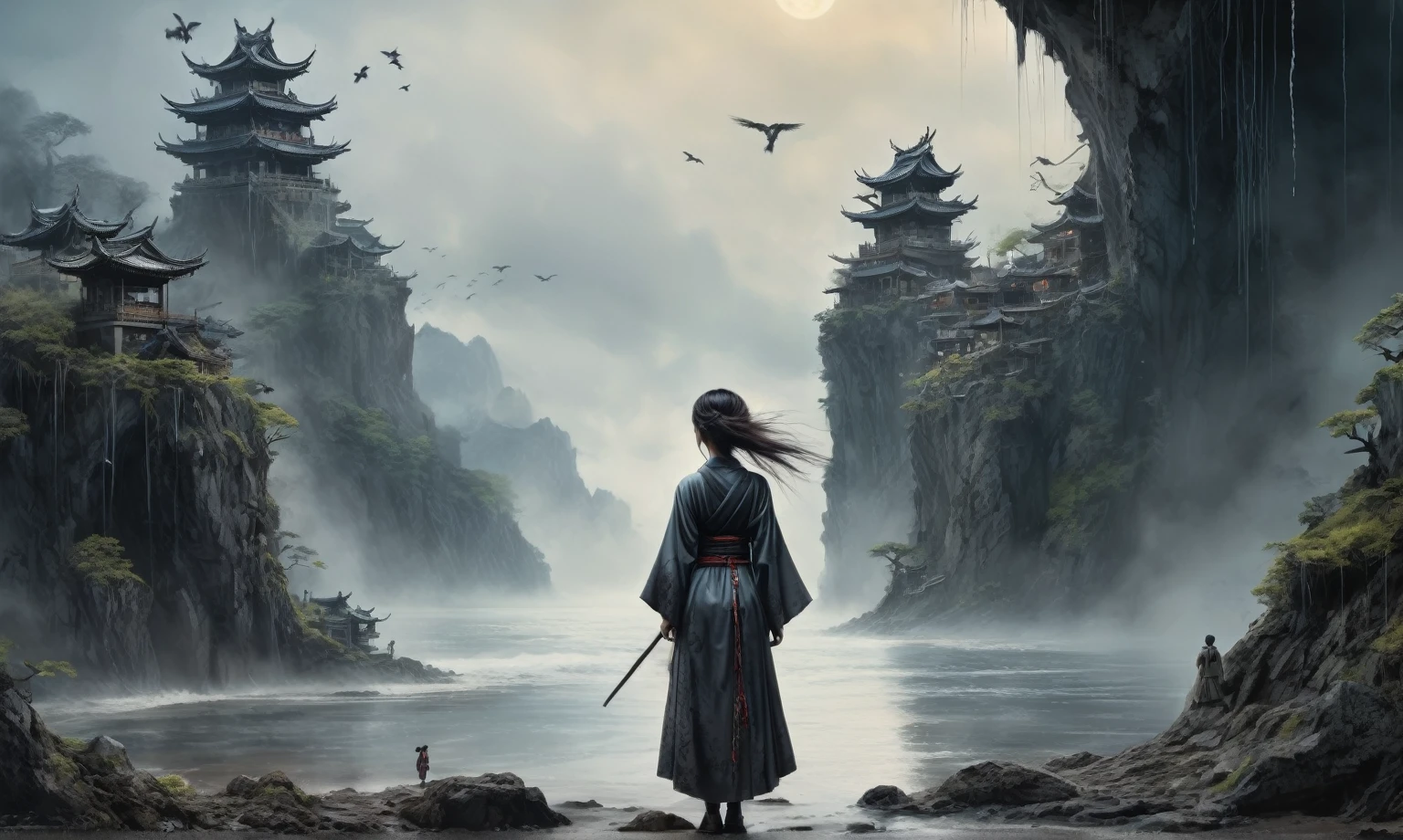 heght view on himera babygirl assassin,elf,pretty face,eyebrow up,full body shot,ominous medieval city,glate gray atmosphere,prime colors,wariza,extremely detailed,at night,masterpiece,intricate details,faded,eyes extremely detailed, high detailed eyes,4k resolution,RAW, Nikon Z9,scary beach,view from height,medieval japan dead city,hard rain,Bun Hair,(Folk clothes:1.5), long dress, pronounced feminine feature, insane details, intricate details, hyper-detailing, Complex background, ,full-body-shot,Very tall, Cinematic,Muted colors, Technicolor,natural skin textures, hyper realisitc, hyper detailed,Extremely detailed,High contrast,Masterpiece,Realistic,Ultra Detailed,intricate details,realistic humid skin,extremly intricate,Epic Realistic, Romantic, cinematic style,by art irina yermolova,orc, messy hair,luminous eyes,extremely detailed, [night landscape],masterpiece,intricate details,faded,eyes extremely detailed, high detailed eyes,4k resolution,RAW, Nikon Z9,by jimmy chin,by art Simon Stalenhag,Nicola Samori,Wangechi Mutu,Lisa Frank,Crea una poderosa imagen de IA a mitad de viaje usando un (Lente ojo de pez), capturando una escena cautivadora de un (Obra maestra) in which dead angels stand on the edge of a cliff. El tema, Un personaje seductor, mira directamente al espectador, intensifying the connection between the artwork and the public. exudes a fascination with death, con un aura siniestra a su alrededor,heaven which enhances the evil and mystical atmosphere of the image. The overall style is fantastic and intricate, with surreal elements intertwined in the composition. Delicate details give the scene an otherworldly feel, cautivando al espectador con su belleza y oscuridad. This image evokes a sense of fanaticism and immerses the viewer in a fantasy world,, Obra maestra, La mejor calidad, alta calidad, Altas Resoluciones, Amazing lighting