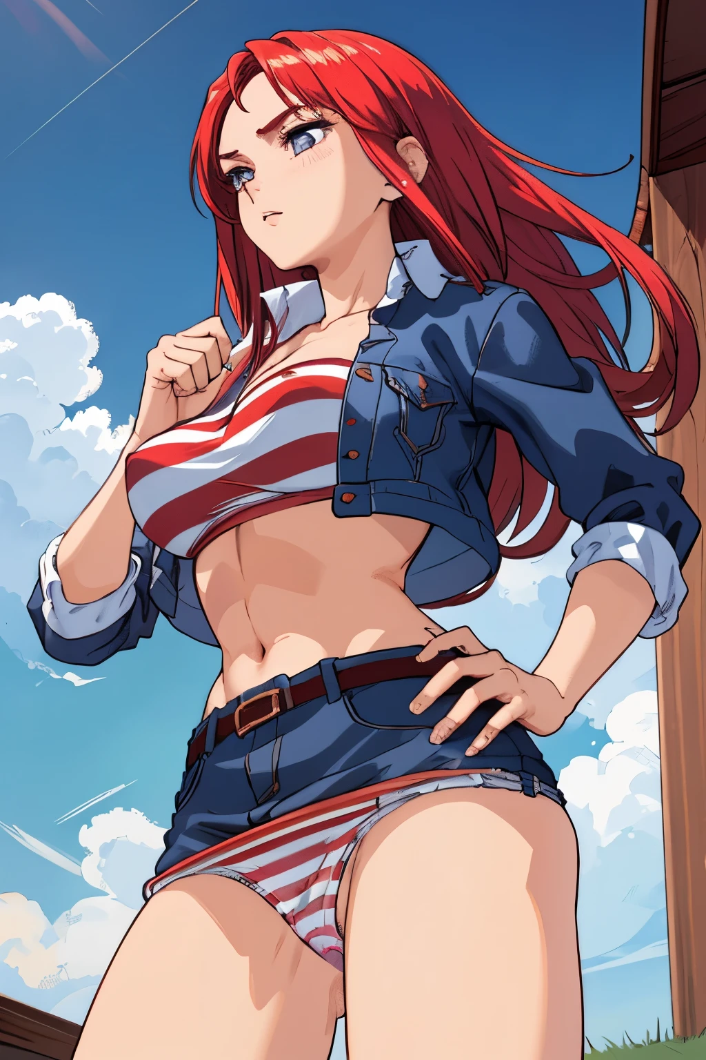 masterpiece, best quality, yukaii, jacket, sleeves rolled up, tube top, (((hands striped panty))), belt, white panty, large breasts, standing, cowboy shot, turn back, from below, sky, clouds