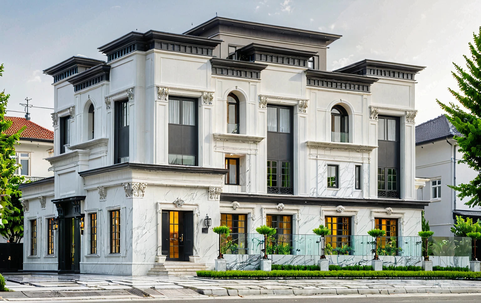 neo classical villa on street, (daylight), plant and tree, vivid colour, streetcapes, (black detail:1.2), high constraint, masterpiece, best quality, raw photo, white wall, large glass door, warm interior lighting, wood and marble, best quality, 20ArchiAI_XL_NeoTH-v2