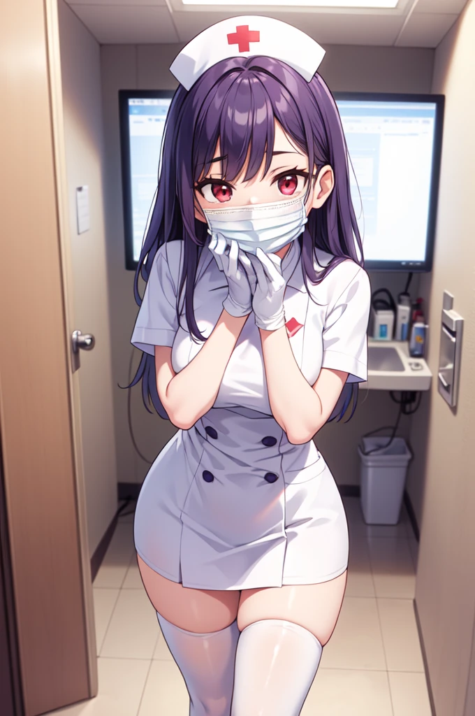 1woman, solo, nurse, white nurse cap, white nurse uniform, ((white legwear, zettai ryouiki)), white gloves, long hair, purple hair, red eyes, ((white surgical mask, covered nose)), standing, ((hospital room)), sharp outline, short sleeves, mature female, 35 years old, best quality, masterpiece