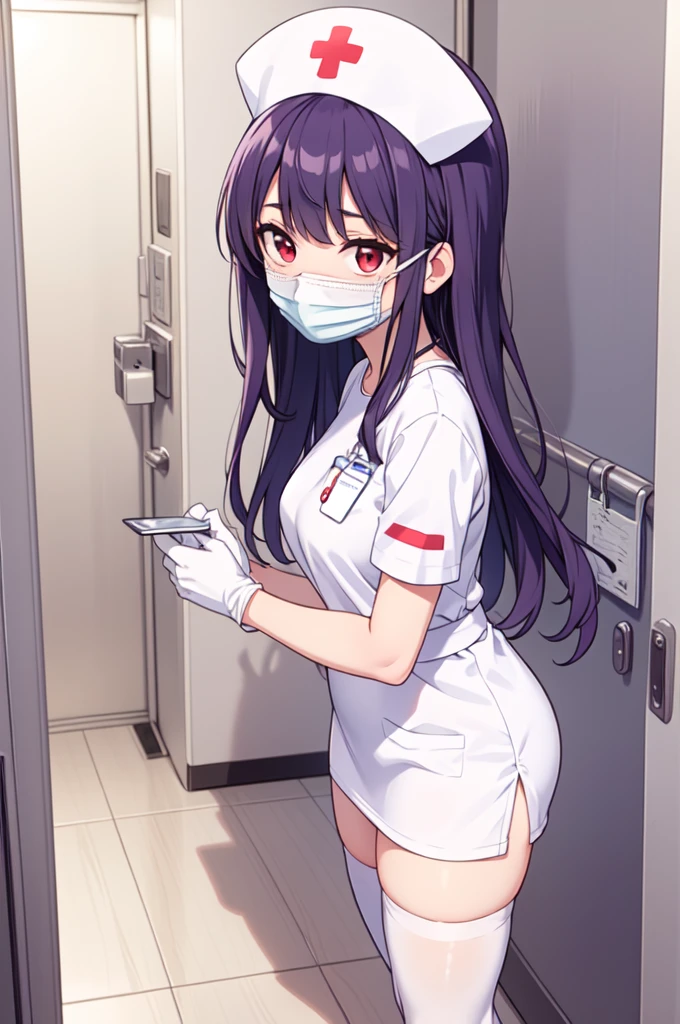 1woman, solo, nurse, white nurse cap, white nurse uniform, ((white legwear, zettai ryouiki)), white gloves, long hair, purple hair, red eyes, ((white surgical mask, covered nose)), standing, ((hospital room)), sharp outline, short sleeves, mature female, 35 years old, best quality, masterpiece