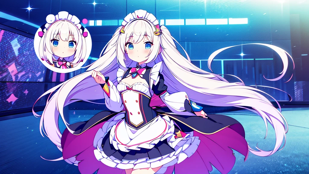 Vtuber Beautiful great quality 8k very detailed perfect anatomy a girl in a black and white dress standing on a blue floor, an anime drawing inspired by Puru, trend on pixiv, tachisme, Live2D Virtual Youtuber Model, anime moe art style, holoviva, mikudayo, magical girl style, my dress anime darling, maid outfit, I will deny the matter