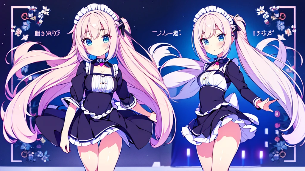 Vtuber Beautiful great quality 8k very detailed perfect anatomy a girl in a black and white dress standing on a blue floor, an anime drawing inspired by Puru, trend on pixiv, tachisme, Live2D Virtual Youtuber Model, anime moe art style, holoviva, mikudayo, magical girl style, my dress anime darling, maid outfit, I will deny the matter 