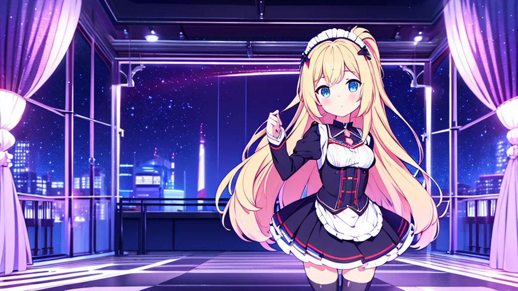 ricca morizono .blue eyes, blonde hair, blush, hair ornament, long hair, two side up,, large breasts, live stage, solo