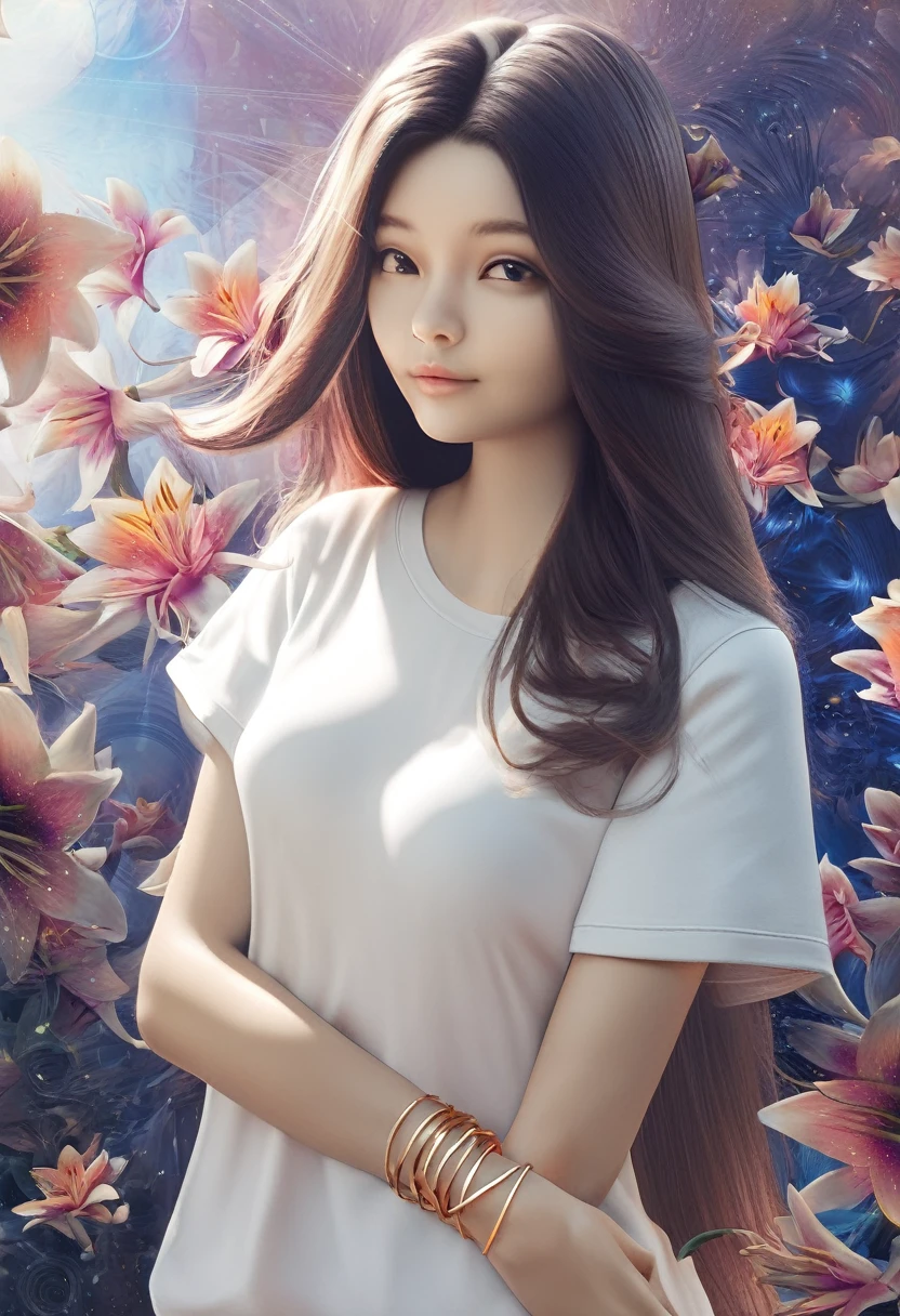 ((1 girl - solo, full length, waist-length, loose - relaxed pose, standing)), ((masterpiece, best quality: 1.3), (ultra detail: 1.3), (best quality, high resolution, photo realistic: 1.37)). ((Orange, pink, white, and green details), (girl, in flower-T, starry sky-white hair), (dark hair, shoulder length, long hair), (elegant body, dark stylish T-shirt , tech clothes: 1.1), (beautiful hands in jewelry bracelets, (Rockstar)). ((Calm look, relaxed pose, standing)). ((Abstract background with lines and circles), (Technical background - abstraction), (high-tech), (many flowers - lilies), (flowers look amazing), mostly in light colors: (white, blue, yellow, gold)).((Best quality), (surrealism: 1.3), (masterpiece: 1.2) , (fantasy: 1.2, surrealism: 1.3), ((High resolution, sharp image), (best quality: 1.37), (realistic 3D visualization), (adjustments, soft light-shadow, flooded sunlight, contrast shadows – cold tones, warm soft light)). (Technical background - abstraction), (modern style, HD detail, cinematic, surrealism, Deep focus, ray tracing, Diffusion)).