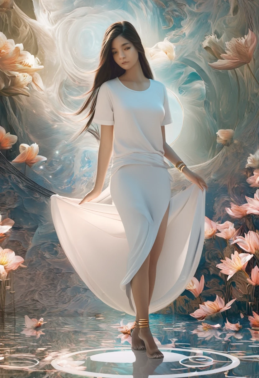 ((1 girl - solo, full length, waist-length, loose - relaxed pose, standing)), ((masterpiece, best quality: 1.3), (ultra detail: 1.3), (best quality, high resolution, photo realistic: 1.37)). ((Orange, pink, white, and green details), (girl, in flower-T, starry sky-white hair), (dark hair, shoulder length, long hair), (elegant body, dark stylish T-shirt , tech clothes: 1.1), (beautiful hands in jewelry bracelets, (Rockstar)). ((Calm look, relaxed pose, standing)). ((Abstract background with lines and circles), (Technical background - abstraction), (high-tech), (many flowers - lilies), (flowers look amazing), mostly in light colors: (white, blue, yellow, gold)).((Best quality), (surrealism: 1.3), (masterpiece: 1.2) , (fantasy: 1.2, surrealism: 1.3), ((High resolution, sharp image), (best quality: 1.37), (realistic 3D visualization), (adjustments, soft light-shadow, flooded sunlight, contrast shadows – cold tones, warm soft light)). (Technical background - abstraction), (modern style, HD detail, cinematic, surrealism, Deep focus, ray tracing, Diffusion)).
