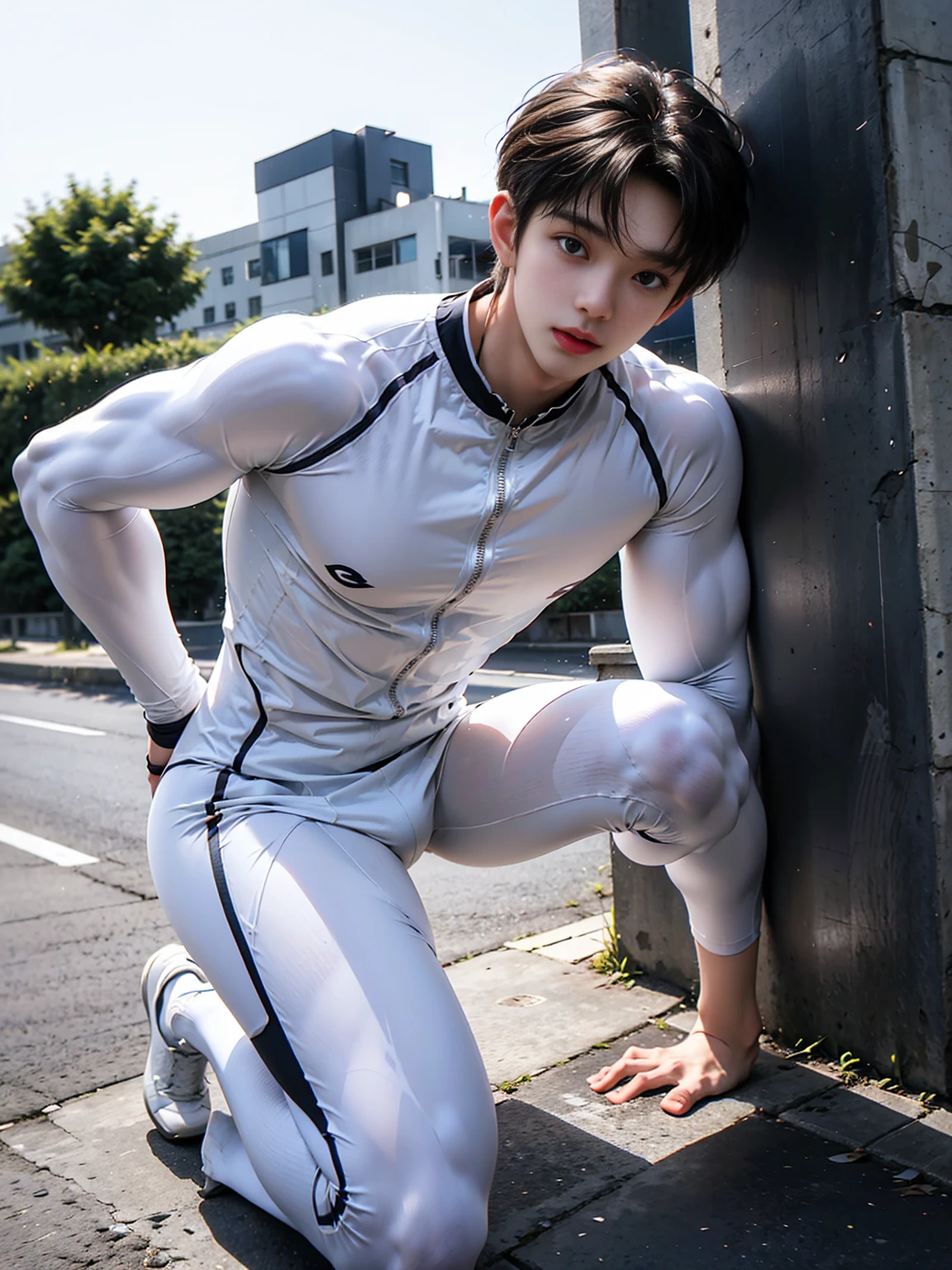 masterpiece,best quality, (A -yeld taboy with a well-developed physique:1.2), (Kneeling upright on the roadside of the campus:1.2),（White tight cycling suit）,Broad shoulders,Muscular shoulders，（Extremely strong body），Attractive and fit body，Inverted triangle figure，Biceps，Highlight muscle texture，Front view， Muscular body，Small head，Handsome and cute face，V-Shaped Face，Perfectly detailed facial features,Looking at the camera，Innocent expression，leaning back,head tilt, happy, very short hair, brown hair,(looking at viewer:1.2)，Wide Angle