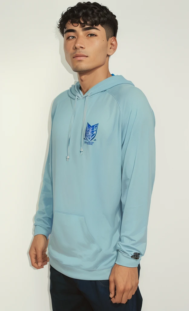arafed man in a Blue Hoodie standing in front of a white wall, long-sleeved shirts, blue gray color, In the medium full picture, Blue Hoodie, Vertical n - 9, medium blue, light blue, Profile picture, long-sleeved shirt, Full product shot, navy, full length view, blue, Half-body close-up, One picture, Middle picture
