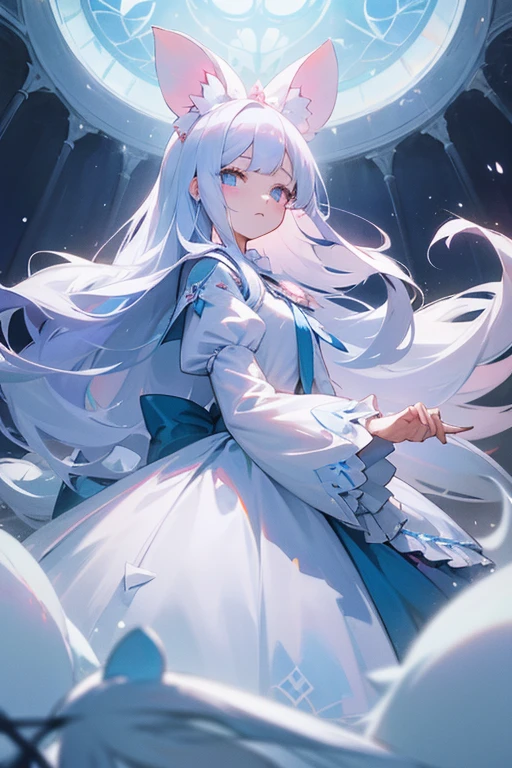 Long white hair straight。Young Girl。Lady。Droopy eyes and ephemeral appearance、Ice blue and pink odd eyes。A princess with the ability to control snow。spirit。sacred、beautiful、cute。Pitiful。 Lolita Dresses。She loves rabbits。