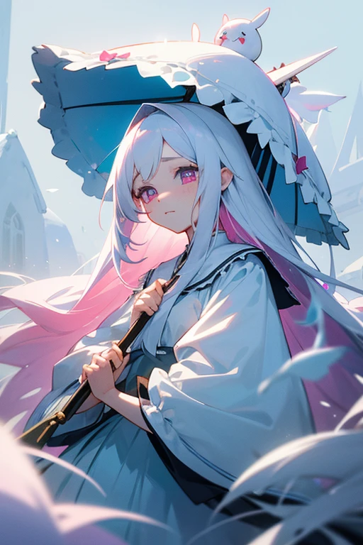 Long white hair straight。Young Girl。Lady。Droopy eyes and ephemeral appearance、Ice blue and pink odd eyes。A princess with the ability to control snow。spirit。sacred、beautiful、cute。Pitiful。 Lolita Dresses。She loves rabbits。