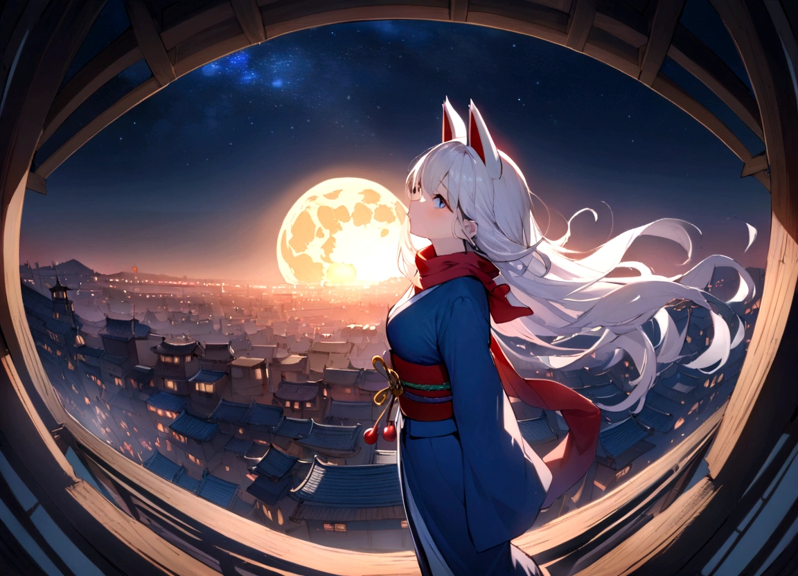 (masterpiece, best quality:1.2), 1girl, 独奏,Wolf girl, fox mask, ninja, girl, long white hair, odd eyes, blue kimono, ninja girl, red and blue scarf,Dancing Cherry Blossoms,Full moon backlighting, light coming in, fantastic atmosphere.night、Shadows of light and darkness、Eyes glowing in the dark、Black fox mask、Fisheye Lens、Expansive starry sky、long hair that spreads、Looking up from afar、Overlooking the city from atop a large cherry tree、