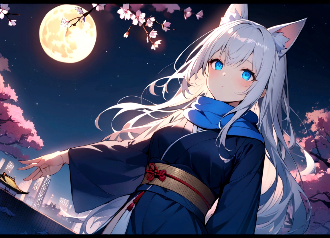 (masterpiece, best quality:1.2), 1girl, 独奏,Wolf girl, fox mask, ninja, girl, long white hair, odd eyes, blue kimono, ninja girl, red and blue scarf,Dancing Cherry Blossoms,Full moon backlighting, light coming in, fantastic atmosphere.night、Shadows of light and darkness、Eyes glowing in the dark、Black fox mask、Fisheye Lens、Expansive starry sky、long hair that spreads、Looking up from afar、Overlooking the city from atop a large cherry tree、