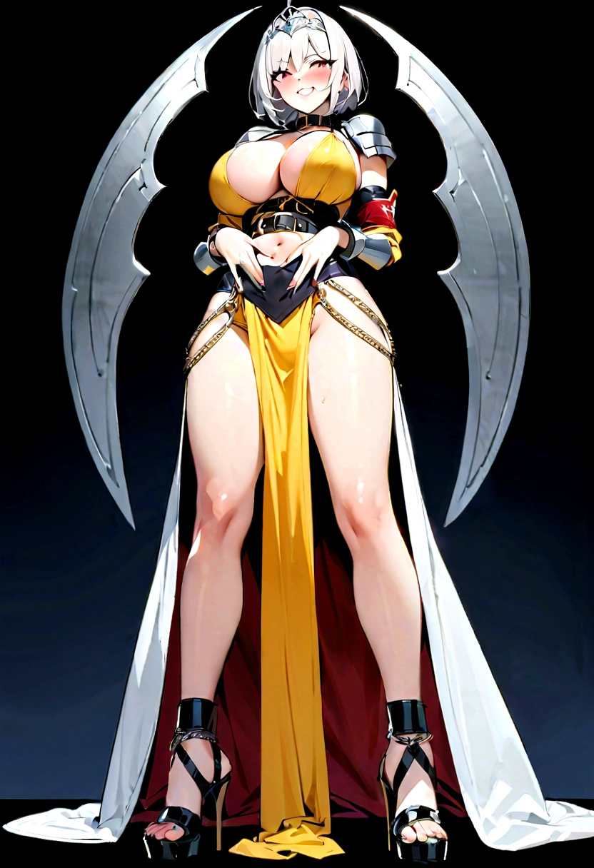 ((BLACK BACKGROUND,1:2, masterpiece)), full body MILF BIMBO standing with two long thighs and two high heels, red eyes, silver white hair, short bob style hair, big breasts, cleavage, separate sleeves, tiara royal, long cape up to two feet, yellow bikini, hands on waist, navel, lustful smirking smiling, smile face (red blushed, red cheeks), metal shoulders, gold sleeveless armbands, black leather choker slave collar, shackle bracelets, sex slave red crest, full body MILF BIMBO standing with two long thighs and two metal sandals, red eyes, silver white hair, short bob style hair, big breasts, cleavage, separate sleeves, tiara royal, long cape up to two feet, yellow bikini, hands on waist, navel, lustful smirking smiling, smile face (red blushed, red cheeks), metal shoulders, gold sleeveless armbands, black leather choker slave collar neck bell, leather corset, shackle bracelets, sex slave red crest, eye focus, full body, whole body. 1solo, slave fighter, loincloth standing, hands on hips, metal sandals, big belt, view from below, barefoot together, bracers, tiara