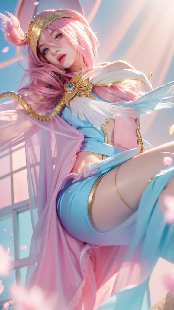 Woman with pink long hair, woman with beautiful face, woman with beautiful blue round eyes, woman with blue feather wing on her right hand, beautiful woman with pink lipstick, morning background, woman with beautiful pink flower on her blonde short hair, woman using pink skirt, woman with gold Root accessories on her body, woman on green leaf background, woman with golden accessories on her head, woman using blue dress and pink white gradient color, pink flower on her pink hair, pink dress, i SAID pink DRESSSSS