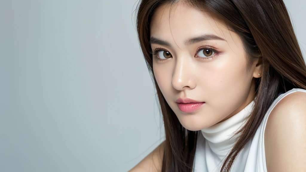 (detailed face),VIVID,normal breasts,pretty,sleeveless and turtle neck white silky clothes,4k ,super high resolution ,(photo-realistic: 1.7),white background,long hair,