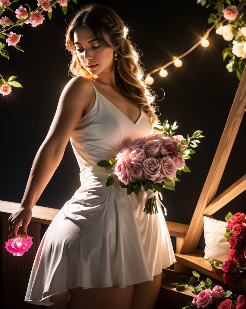 Create a beautiful bouquet of rosebuds that emanate beams of light