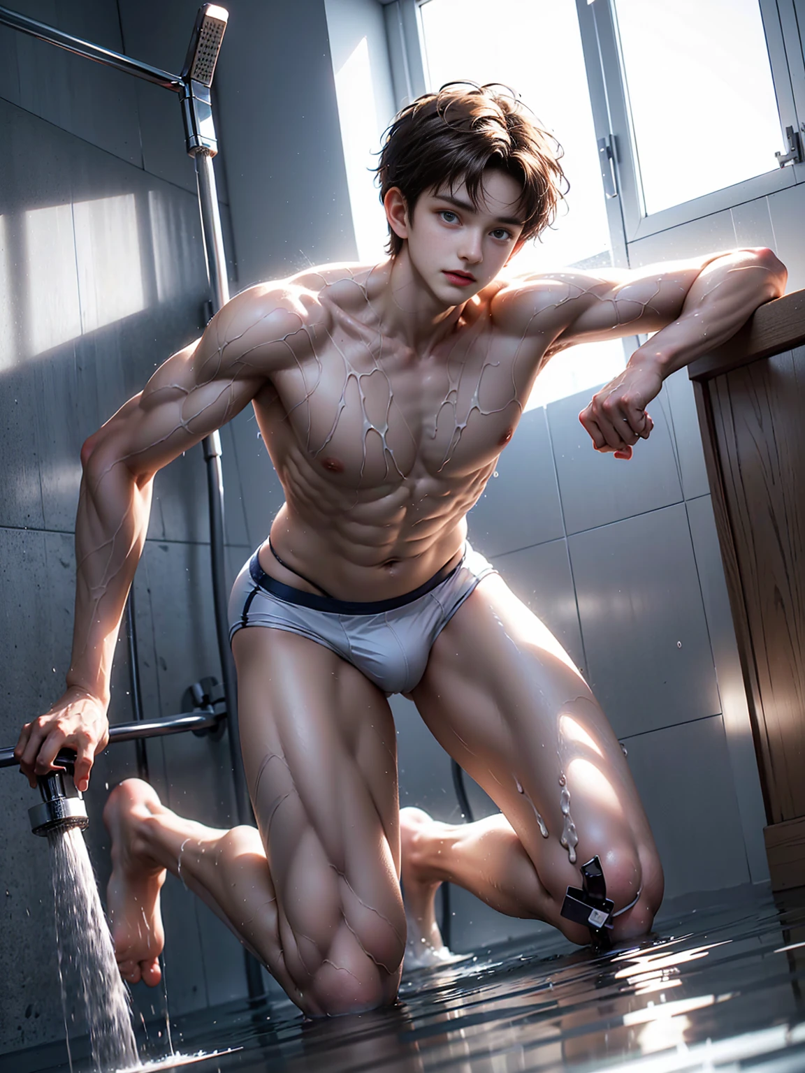 masterpiece,best quality, (A 16-year-old tall boy:1.2), (Kneeling in the bathroom taking a bath:1.2),(White tight long swimming trunks), white shirt,Soaked swimsuit,The looming strong body,Attractive and fit body,(Inverted triangle figure),Huge body,Biceps,Highlight muscle texture,Well-developed body,Frontal upward perspective, Handsome and cute face,Perfectly detailed facial features,Looking at the camera,leaning back, Shower head,Water Splash,head tilt, happy, very short hair, brown hair,(looking at viewer:1.2),Vision