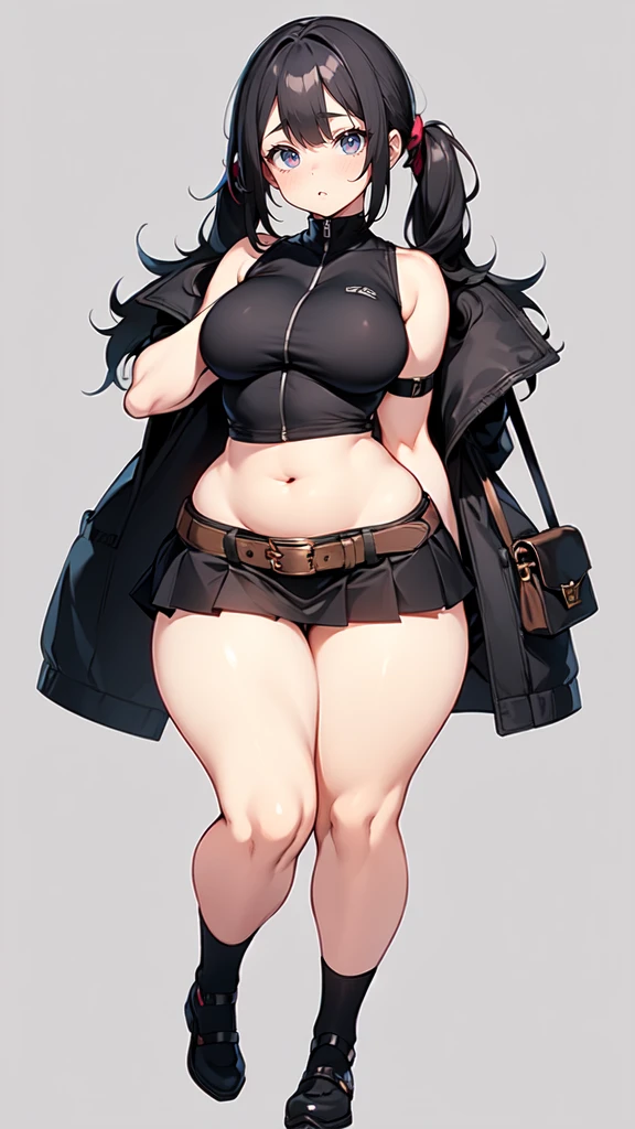 blank background, (((full body))), (masterpiece), ((best quality)), (very short girl), flat chest, short twintail, (wide hips:1.4), (thick thighs:1.4), (very short skirt), toeless footwear, belt below navel, fanny packs, bags