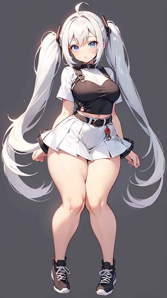 blank background, (((full body))), (masterpiece), ((best quality)), (very short girl), flat chest, short twintail, (wide hips:1.4), (thick thighs:1.4), (very short skirt), toeless footwear, belt below navel, fanny packs, bags