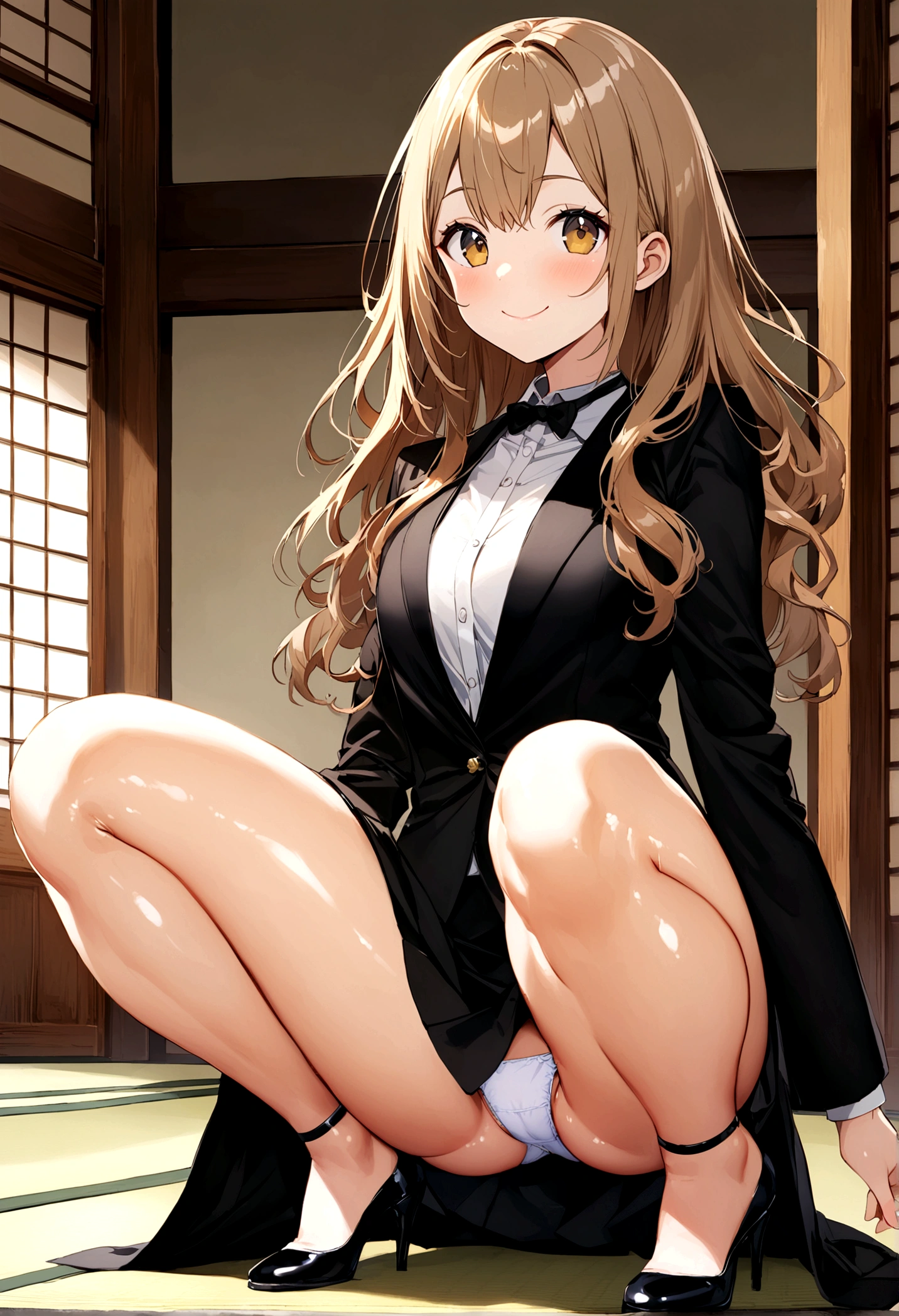 Japanese-style room、Great Hall、Igusa tatami mats、Laughter、(Squat:1.2)、Spread your legs wide、Panties are visible、Black suit、Black mini skirt、OL、Black pumps、Professional attire、(24-years-old:1.1)、(smile:1.3)、(Shiny Hair:1.3)、 Brown haired、Indoors in bright sunlight:1.2, Photographed from the front、Beautiful and detailed eyes、 View your viewers,cute、Wearing high heels on tatami mats