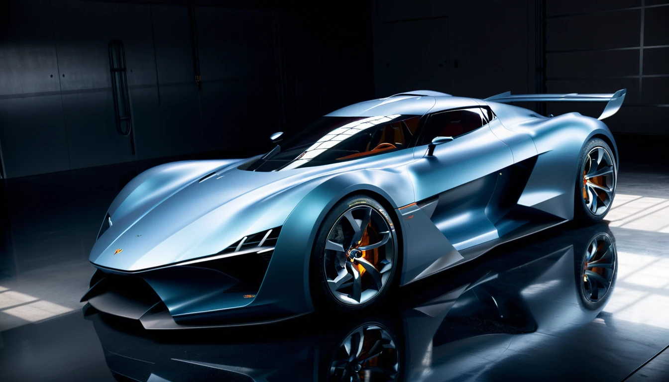 Futuristic sports car, minimalist garage, sleek design, matte paint , studio lighting, by WETA Workshop and Vehicle Design, artstation, hyperrealistic, (shadows:1.5) for depth, (reflections:1.5) on the car body