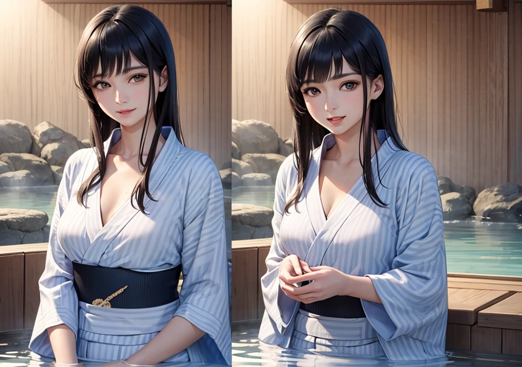 masterpiece, 1 beautiful girls, detaileds, top-quality, 超A high resolution, (Realistic: 1.4), OriginalPhotographs, 1girl in, Movie Lighting, A smile, Asian Beauty, very extremely beautiful, Slightly younger face, Beautiful skins, slender, (A hyper-realistic), (hight resolution), (8K), (ighly detailed), (The best illustrations), (beautifully detailed eyes), (Ultra-detail), (wall-paper), (Detailed face), looking at the viewers, fine detailed, A detailed face、pureerosfaceace_v1、A smile、46-point diagonal bangs、beautidful eyes、Beautiful charming anime girl with open mouth、(Being in a hot spring:1.5)、(yukata style:1.5)、