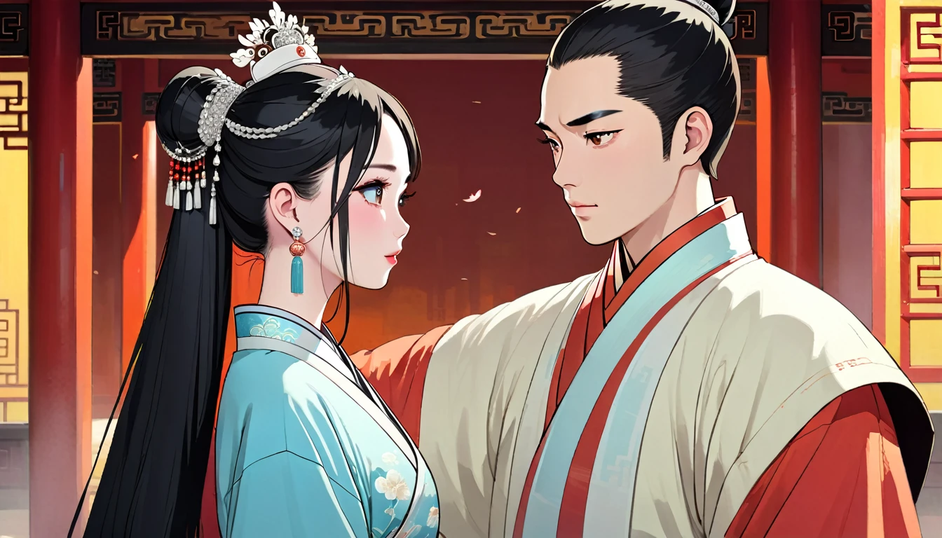 A young Chinese woman named A,Melon seed face,蒼White skin,black eyes,arched eyebrows,Long black hair tied into a bun,Wearing white traditional Chinese clothing,white crown tiara,white earrings,White necklace and bracelet,Looking at a young Chinese man named John,round face,White skin,black eyes,Long hair in a bun,Wearing a light blue traditional Chinese Confucian robe,Amy feels warmth and affection for John,Intricate details,Cinema lighting,bright colors,dramatic shadows,romantic atmosphere