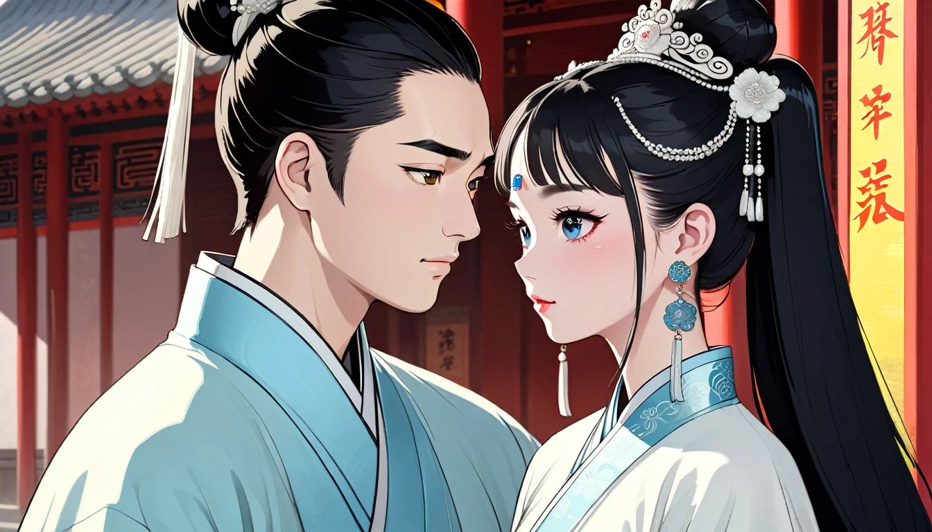 A young Chinese woman named A,Melon seed face,蒼White skin,black eyes,arched eyebrows,Long black hair tied into a bun,Wearing white traditional Chinese clothing,white crown tiara,white earrings,White necklace and bracelet,Looking at a young Chinese man named John,round face,White skin,black eyes,Long hair in a bun,Wearing a light blue traditional Chinese Confucian robe,Amy feels warmth and affection for John,Intricate details,Cinema lighting,bright colors,dramatic shadows,romantic atmosphere