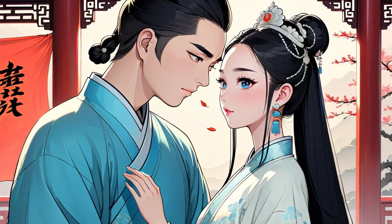 A young Chinese woman named A,Melon seed face,蒼White skin,black eyes,arched eyebrows,Long black hair tied into a bun,Wearing white traditional Chinese clothing,white crown tiara,white earrings,White necklace and bracelet,Looking at a young Chinese man named John,round face,White skin,black eyes,Long hair in a bun,Wearing a light blue traditional Chinese Confucian robe,Amy feels warmth and affection for John,Intricate details,Cinema lighting,bright colors,dramatic shadows,romantic atmosphere