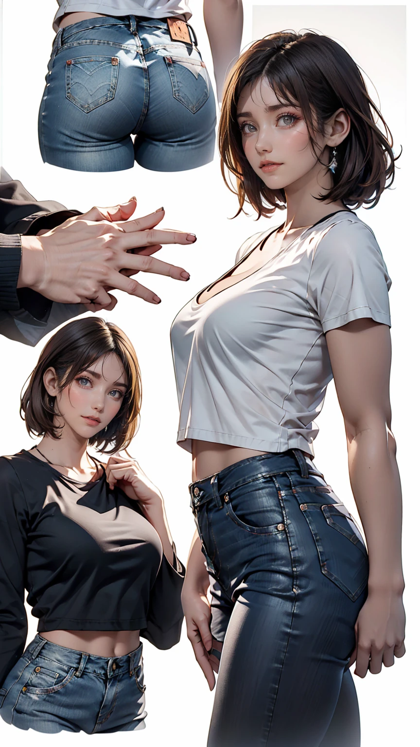 Detailed character sheet, Front view, Side view, Oblique view, with a white returnground, show women, 30 years old, with short dark brown hair combed return, Light casual clothing, Wearing tight denim jeans. The seat includes different angles, Front desk etc.., return, and Side views, Model and Reference Sheets, Full body painting. The ratio is based on 7.5 Head Scale.