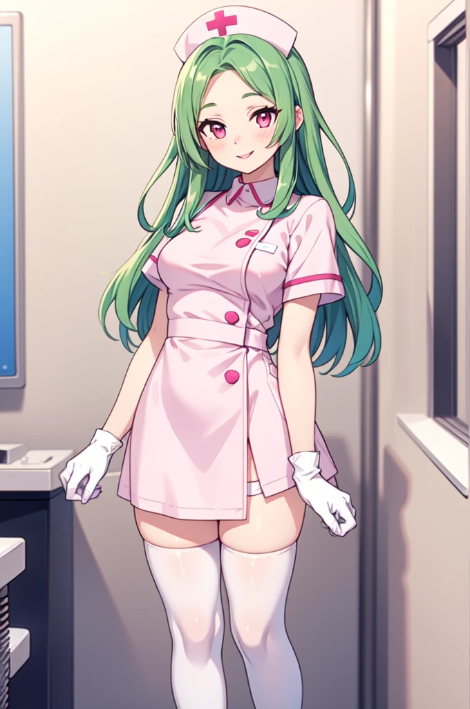 1woman, solo, nurse, white nurse cap, white nurse uniform, ((white legwear, zettai ryouiki)), white gloves, forehead, long hair, green hair, pink eyes, pink lips, smile, standing, ((hospital room)), sharp outline, short sleeves, mature female, 35 years old, best quality, masterpiece